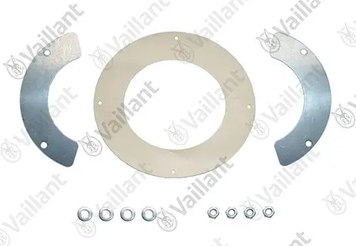 Befestigungssatz von Vaillant bestehend aus zwei gebogenen Metallplatten und einer runden Trennscheibe, ergänzt durch mehrere Muttern und Unterlegscheiben.